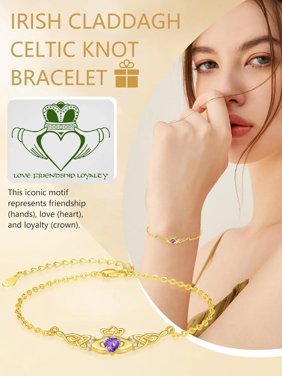 Dreamboat Sterling Silver Claddagh Bracelet for Women Irish Bracelet Heart Celtic Knot Bracelets Birthstone Adjustable ST Patricks Day Jewelry for Mom