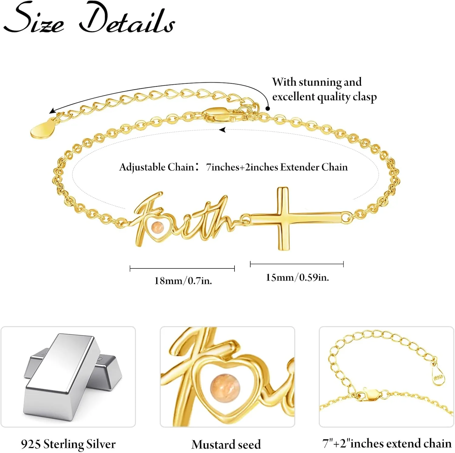 Dreamboat Sterling Silver Cross Bracelet for Women Heart Mustard Seed Bracelet Faith Bracelet Christian Catholic Confirmation Religious Jewelry Mom