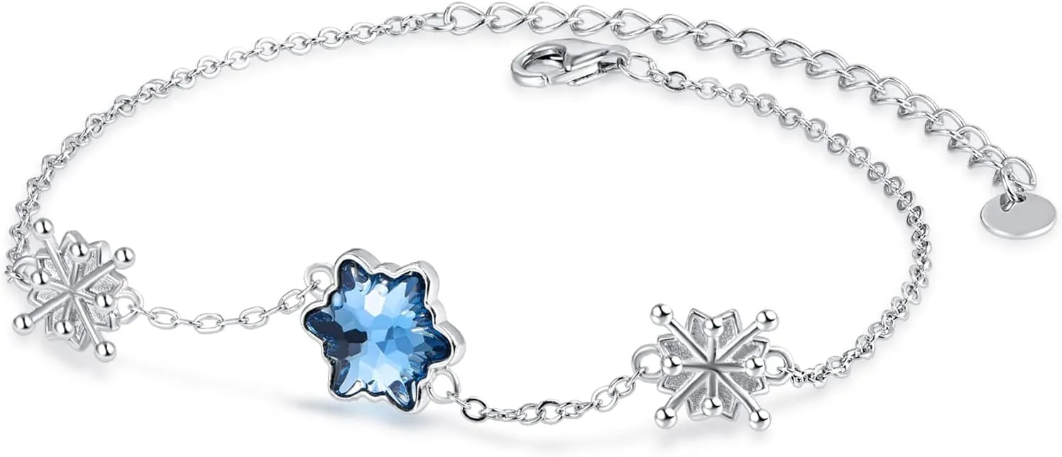 Dreamboat Sterling Silver Snowflake Bracelet for Women Winter Bracelets Blue Crystal Bracelet Adjustable Link Flower Bracelet Snowflake Jewlery Gifts