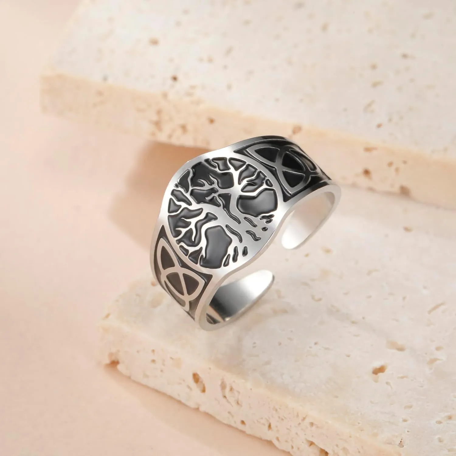 Dreamtimes Tree of Life Ring for Men Women Adjustable Vintage Ring Stainless Steel Ring Yggdrasil World Tree of Life Rings Viking Celtic Knot Ring Amulet Religious Jewelry