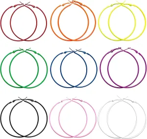 Dreuyet 9 Pairs 80S Neon Hoop Earrings for Women Retro Colorful Large Bright Hoop Lightweight Round Circle Earrings for 80's Costume Outfit Glow Dancing Party Accessory