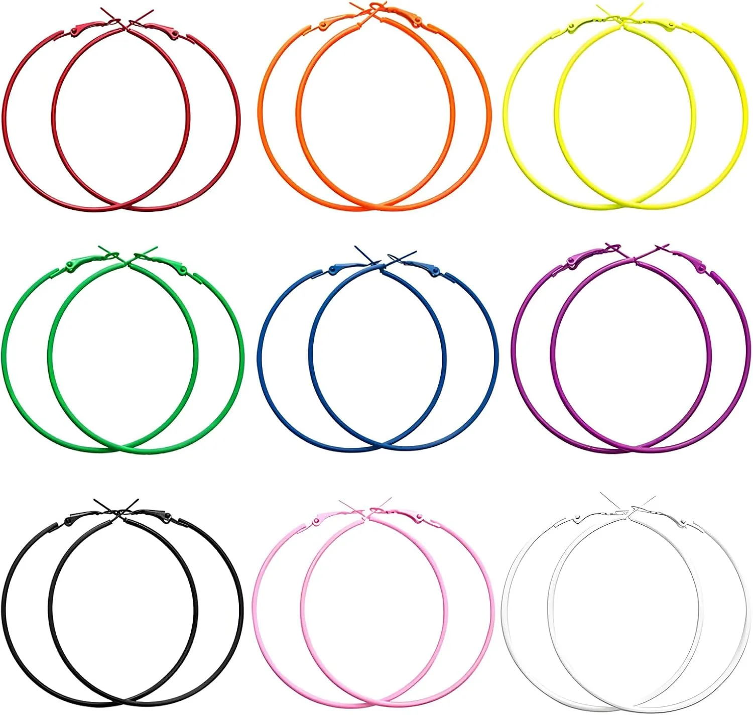Dreuyet 9 Pairs 80S Neon Hoop Earrings for Women Retro Colorful Large Bright Hoop Lightweight Round Circle Earrings for 80's Costume Outfit Glow Dancing Party Accessory
