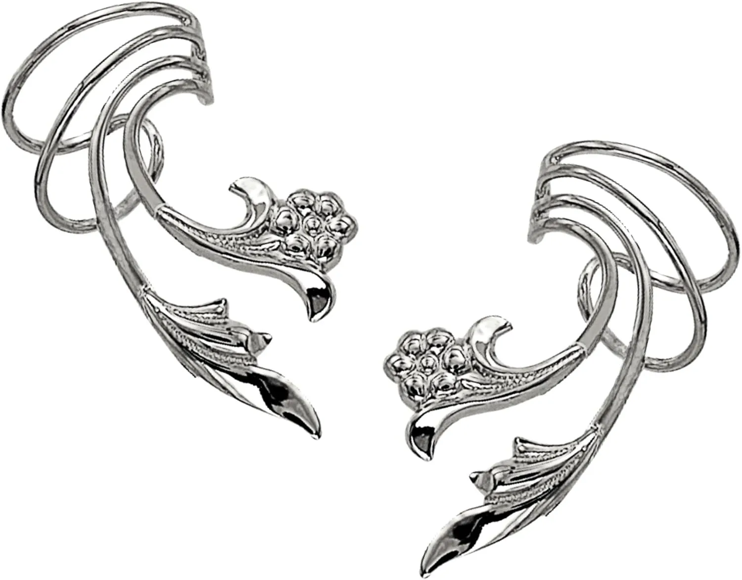 Ear Charms Delicate Leaf and Flower Rhodium on Silver Short Wave Ear Cuff Earring Wraps