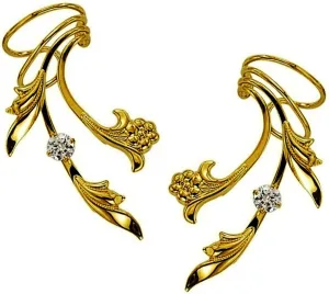 Ear Charms Delicate Leaf, Flower & CZ Long Wave Ear Cuff Earring Wraps Gold on Silver
