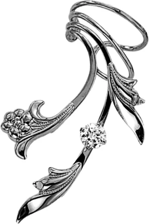 Ear Charms Delicate Leaf, Flower and CZ Long Wave Ear Cuff Earring Wraps EZ Care Rhodium on Silver
