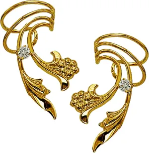 Ear Charms Delicate Leaf, Flower and CZ Short Wave Ear Cuff Earring Wraps Gold on Silver
