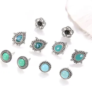 Earrings for Women, 5 Pairs Women Ear Studs Retro Ethnic Style Faux Turquoise Bohemian Hollow Smooth Anti-allergy Ear Decoration Jewelry Lady Stud