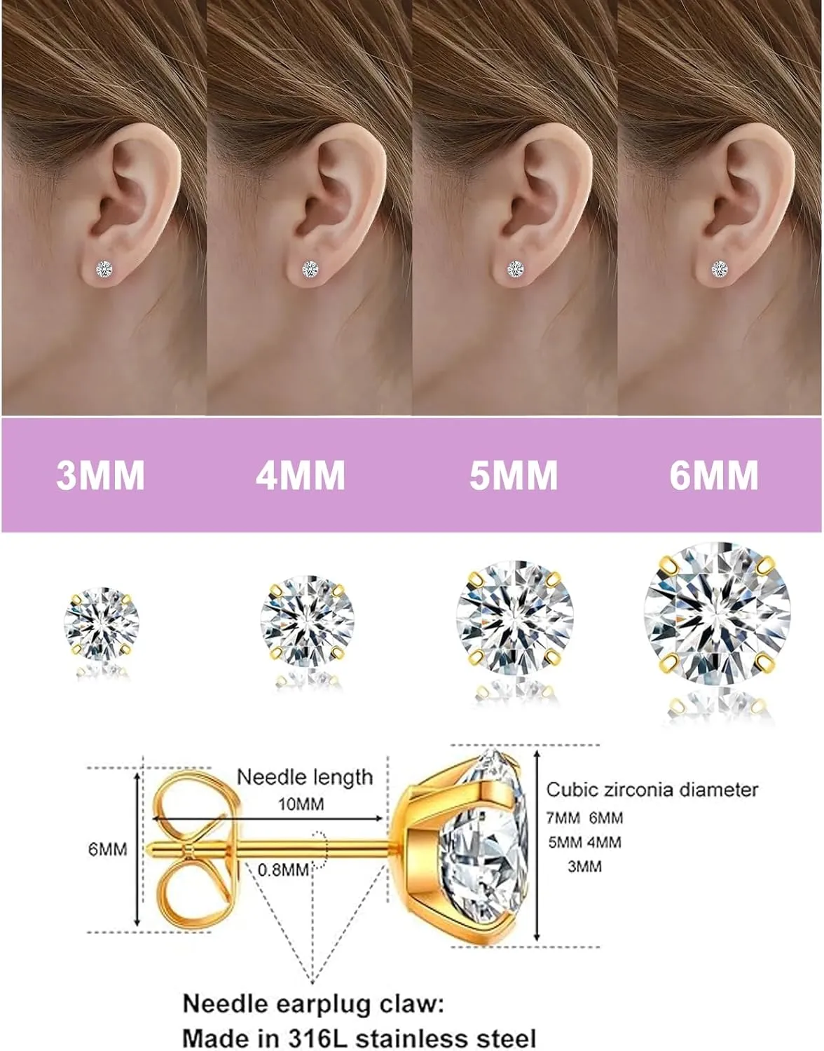 Earrings Studs Set for Women Men, Hypoallergenic 316L Stainless Steel Studs Earrings Cubic Zirconia Simulated Diamond Round CZ Ear Stud for Multiple Piercing