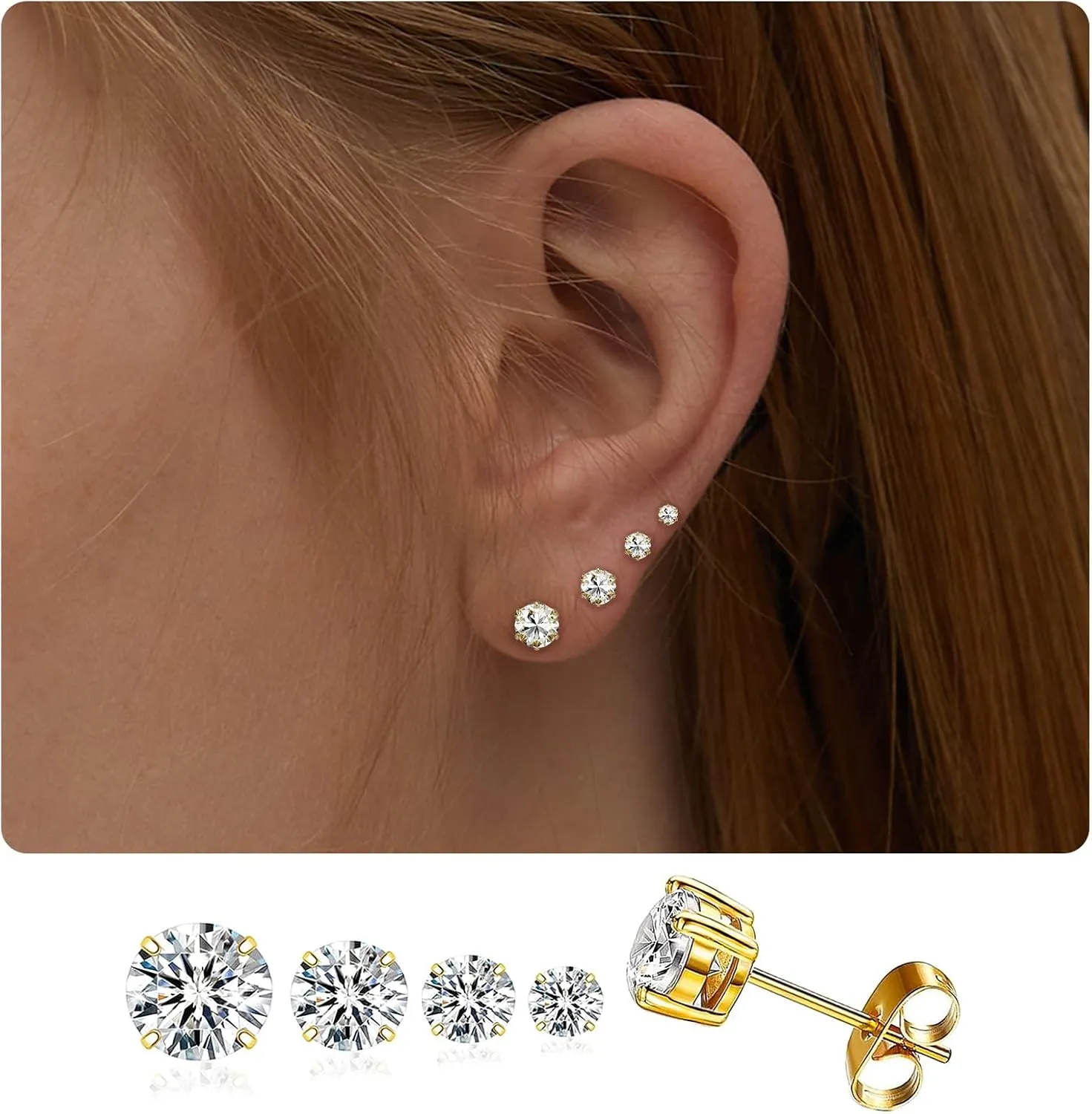 Earrings Studs Set for Women Men, Hypoallergenic 316L Stainless Steel Studs Earrings Cubic Zirconia Simulated Diamond Round CZ Ear Stud for Multiple Piercing