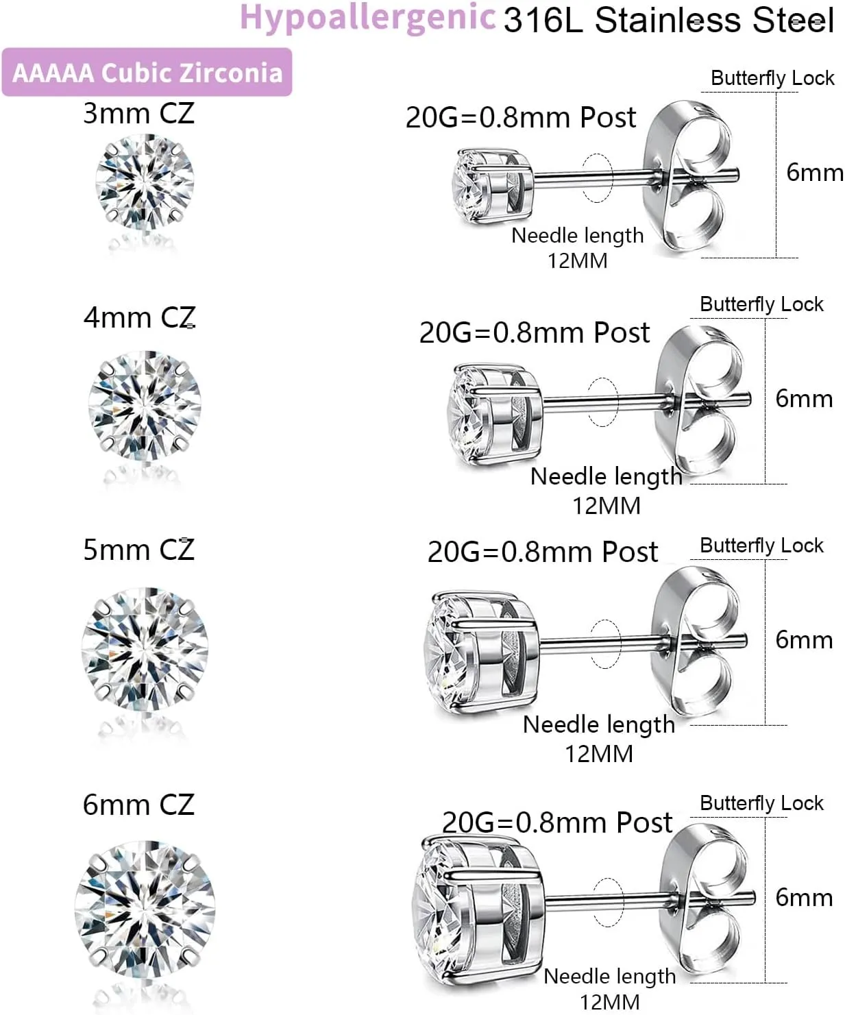 Earrings Studs Set for Women Men, Hypoallergenic 316L Stainless Steel Studs Earrings Cubic Zirconia Simulated Diamond Round CZ Ear Stud for Multiple Piercing
