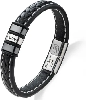 Easycosy Personalized Name Bracelet for Dad Men with Custom Beads Leather Bracelet with Engraved Names for Husband Boyfriend Customized Fathers Day Birthday Gifts for Him