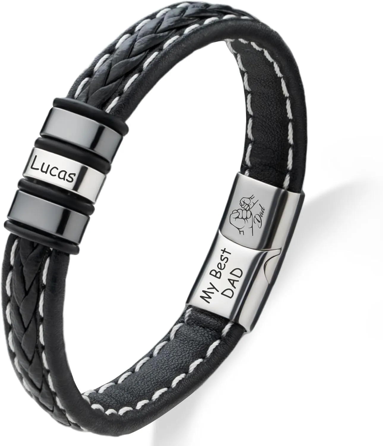 Easycosy Personalized Name Bracelet for Dad Men with Custom Beads Leather Bracelet with Engraved Names for Husband Boyfriend Customized Fathers Day Birthday Gifts for Him