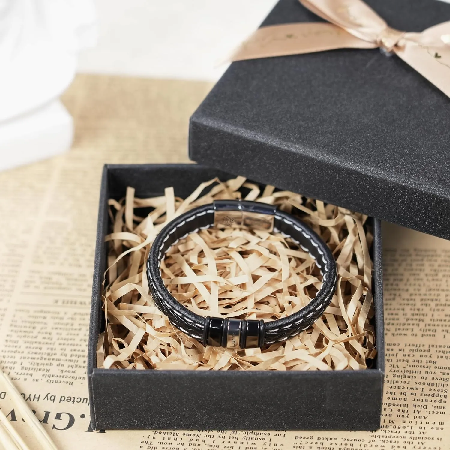 Easycosy Personalized Name Bracelet for Dad Men with Custom Beads Leather Bracelet with Engraved Names for Husband Boyfriend Customized Fathers Day Birthday Gifts for Him