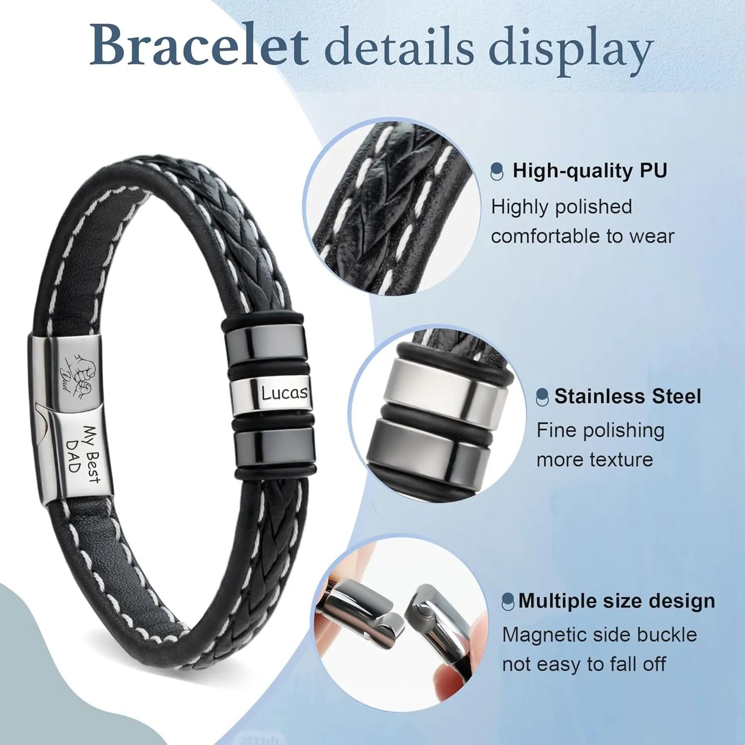Easycosy Personalized Name Bracelet for Dad Men with Custom Beads Leather Bracelet with Engraved Names for Husband Boyfriend Customized Fathers Day Birthday Gifts for Him