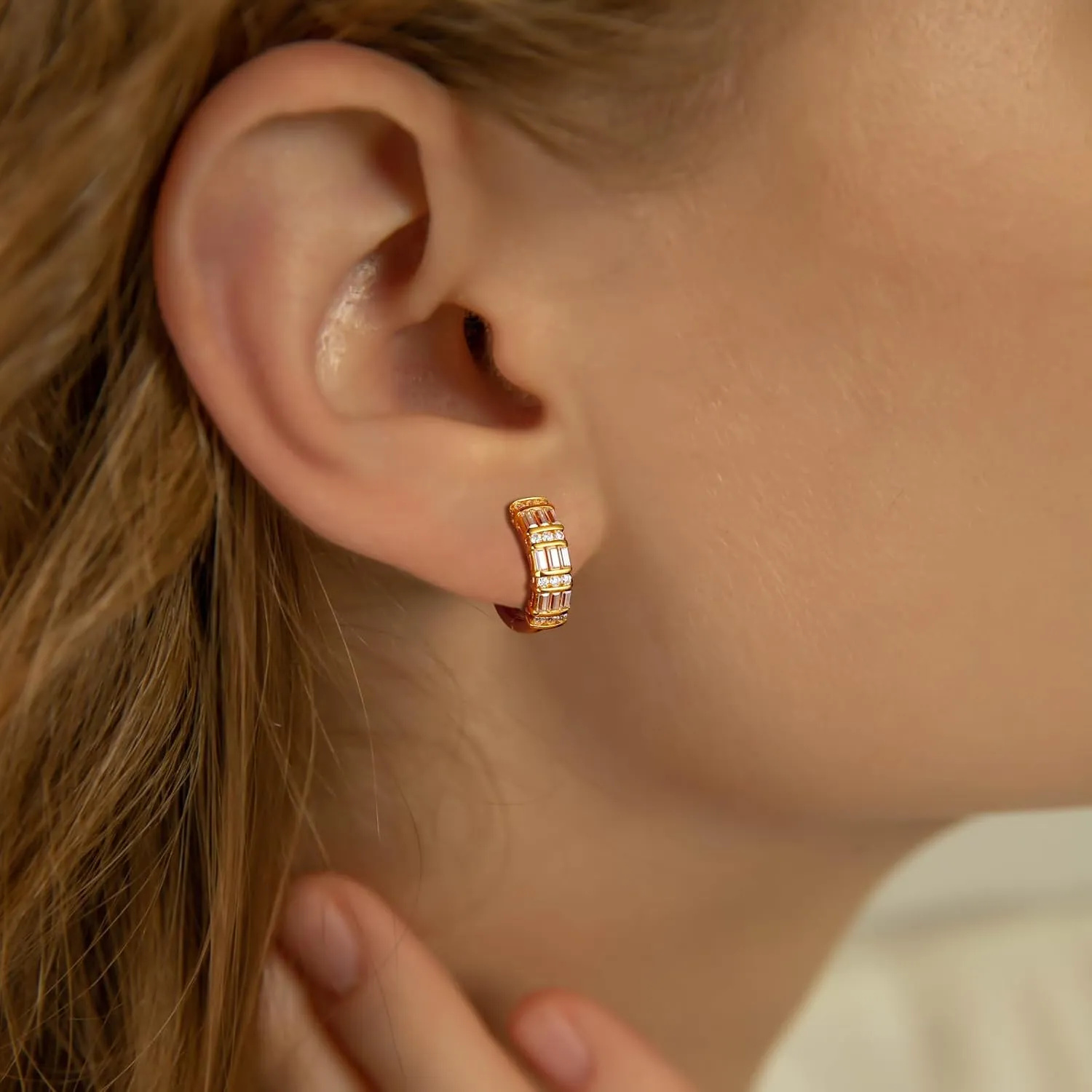 Emerald Cut Moissanite/Real Diamond Hoop Earrings for Women 14K Gold Plated/925 Sterling Silver Huggie hoop Earrings Anniversary Valentine's Day Christmas Jewelry(with Box)