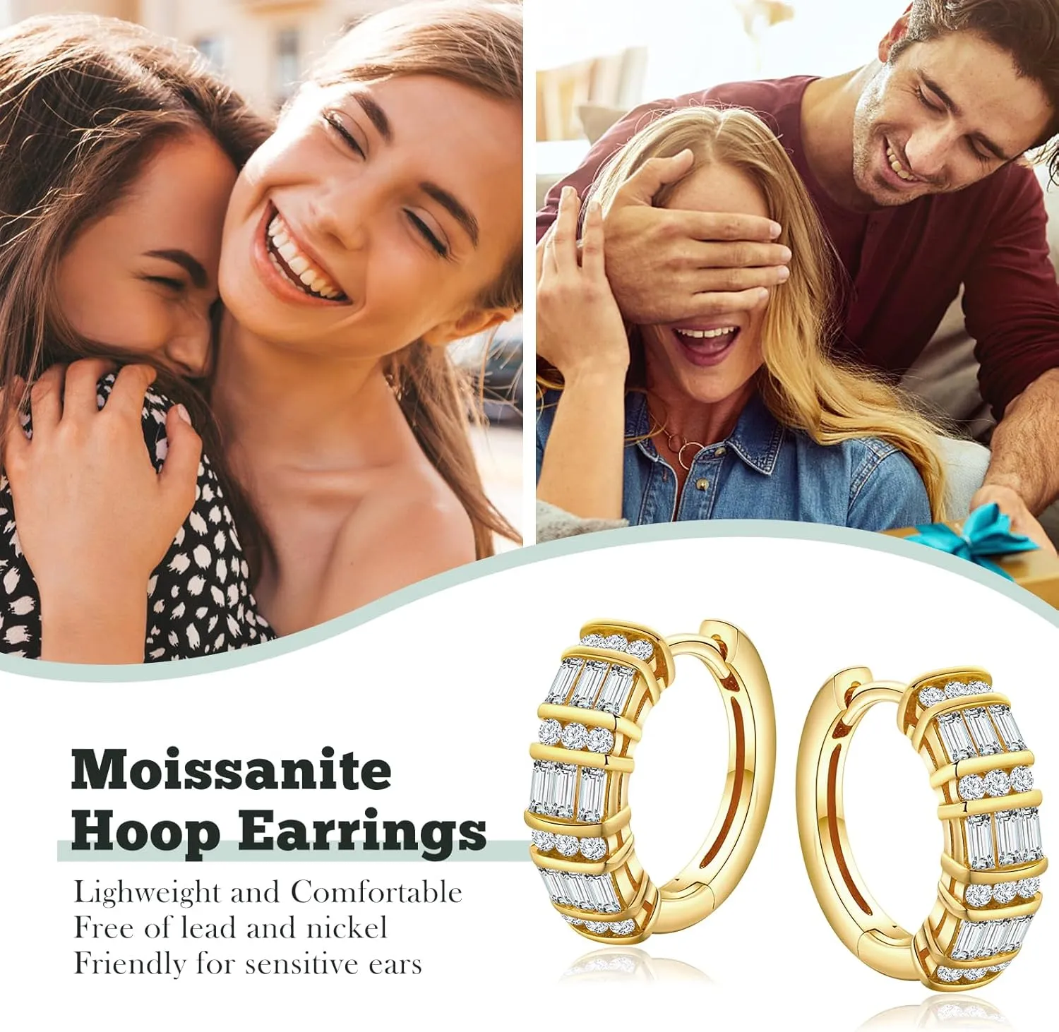 Emerald Cut Moissanite/Real Diamond Hoop Earrings for Women 14K Gold Plated/925 Sterling Silver Huggie hoop Earrings Anniversary Valentine's Day Christmas Jewelry(with Box)