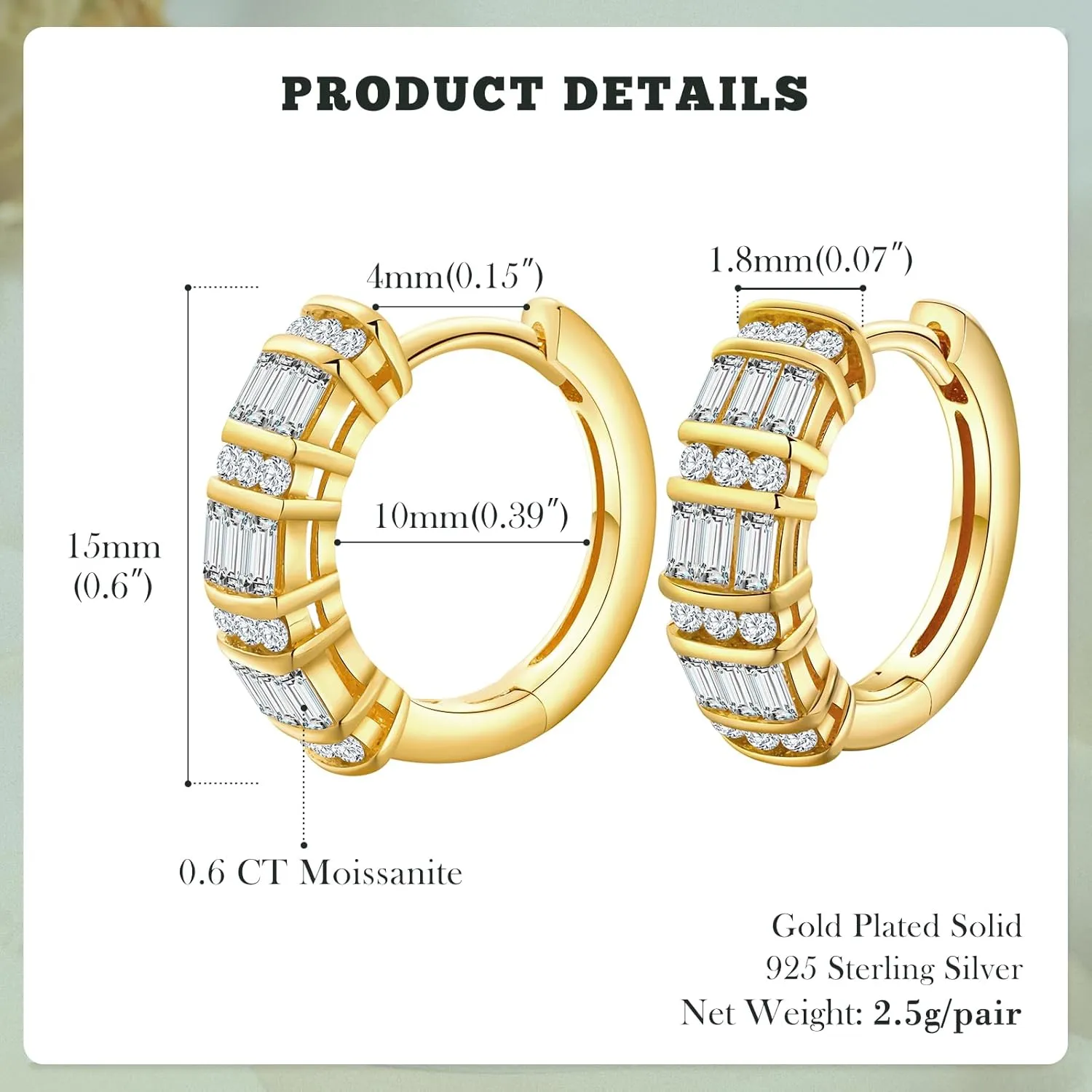 Emerald Cut Moissanite/Real Diamond Hoop Earrings for Women 14K Gold Plated/925 Sterling Silver Huggie hoop Earrings Anniversary Valentine's Day Christmas Jewelry(with Box)