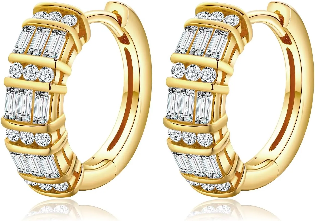 Emerald Cut Moissanite/Real Diamond Hoop Earrings for Women 14K Gold Plated/925 Sterling Silver Huggie hoop Earrings Anniversary Valentine's Day Christmas Jewelry(with Box)