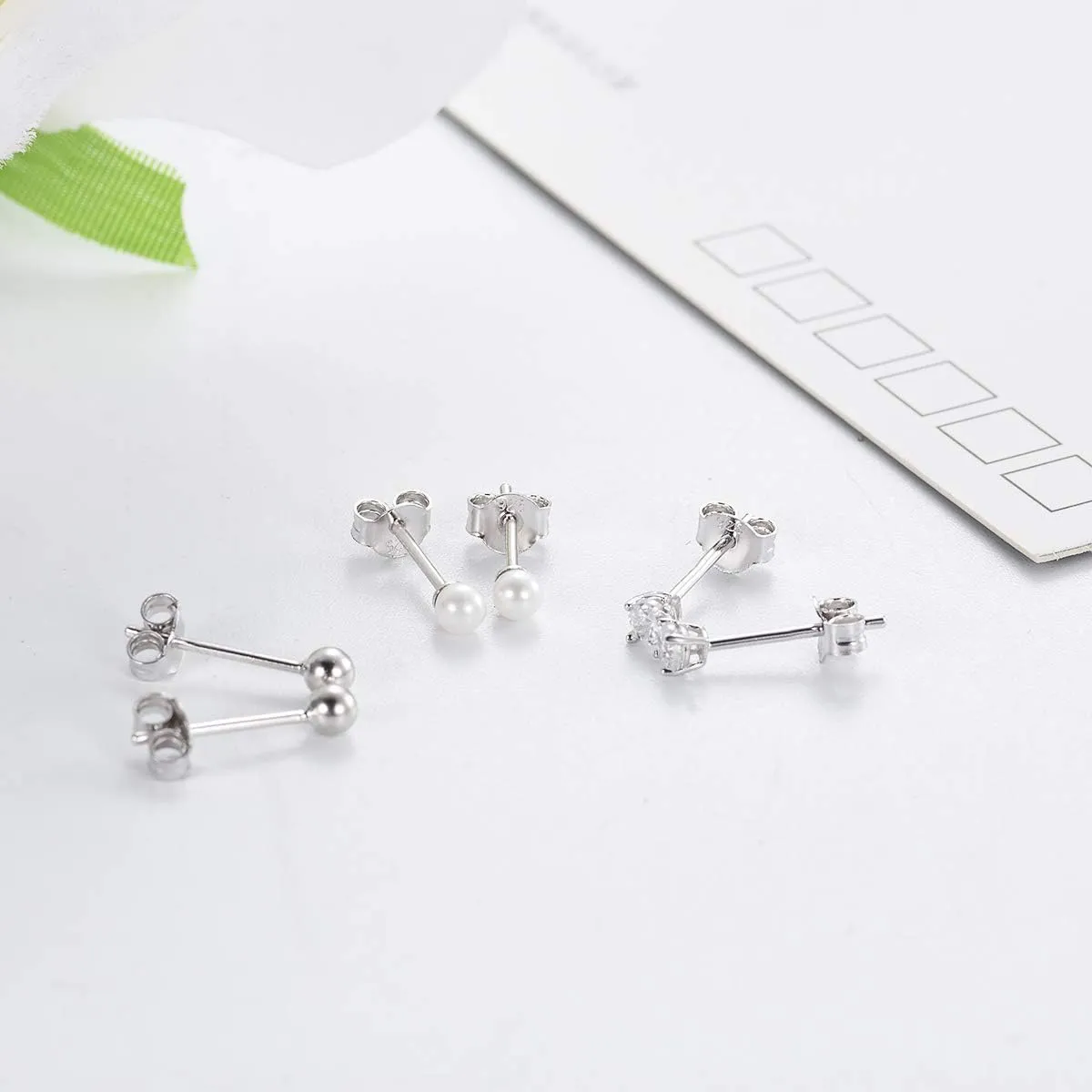EPIRORA Sterling Silver Stud Earrings for Women Men- 3 Pairs 3mm Tiny Ball Stud Earrings Round CZ Earrings Pearl Earrings Set Cartilage Small Tragus Earrings