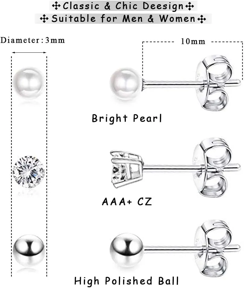EPIRORA Sterling Silver Stud Earrings for Women Men- 3 Pairs 3mm Tiny Ball Stud Earrings Round CZ Earrings Pearl Earrings Set Cartilage Small Tragus Earrings