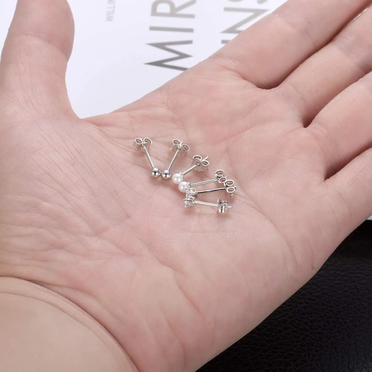 EPIRORA Sterling Silver Stud Earrings for Women Men- 3 Pairs 3mm Tiny Ball Stud Earrings Round CZ Earrings Pearl Earrings Set Cartilage Small Tragus Earrings