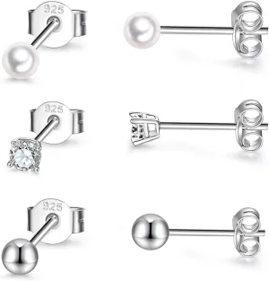 EPIRORA Sterling Silver Stud Earrings for Women Men- 3 Pairs 3mm Tiny Ball Stud Earrings Round CZ Earrings Pearl Earrings Set Cartilage Small Tragus Earrings