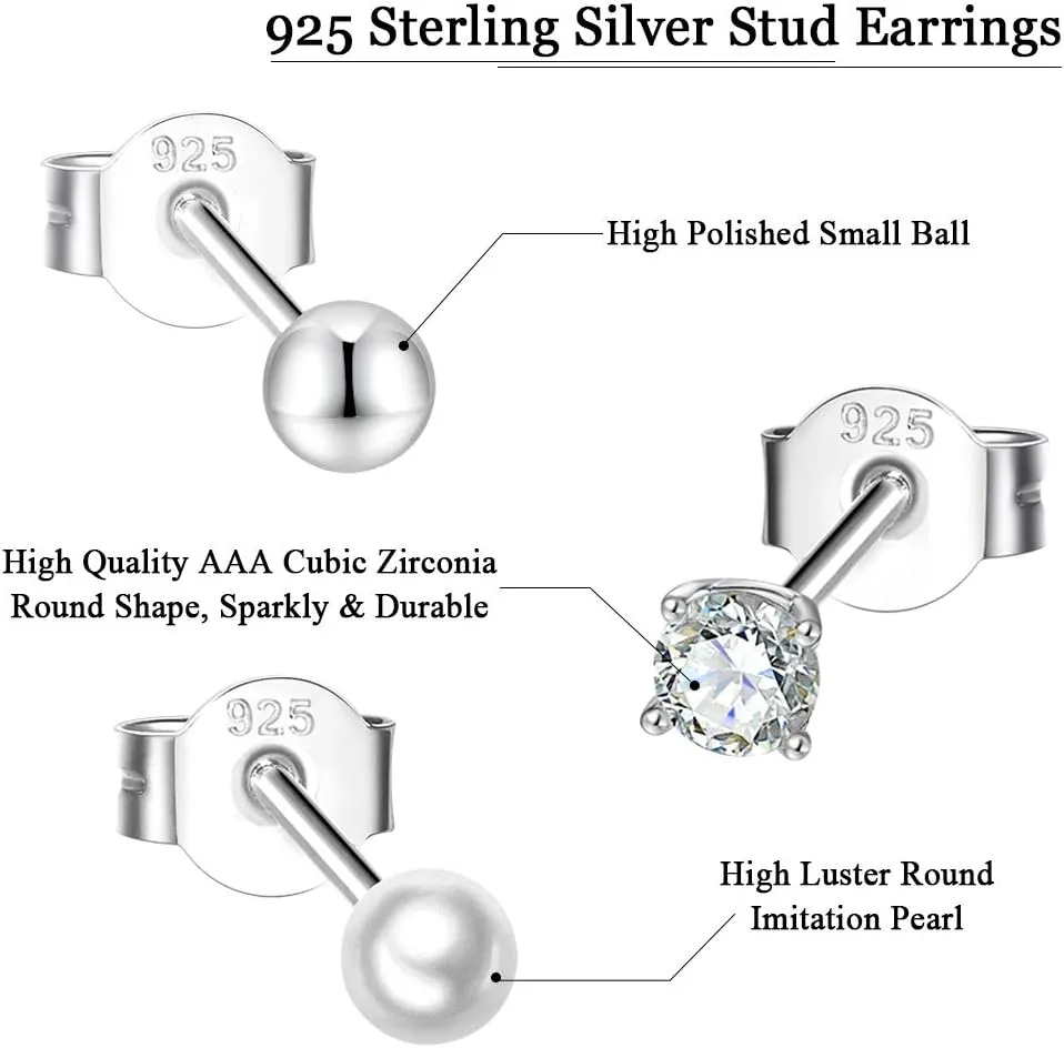 EPIRORA Sterling Silver Stud Earrings for Women Men- 3 Pairs 3mm Tiny Ball Stud Earrings Round CZ Earrings Pearl Earrings Set Cartilage Small Tragus Earrings