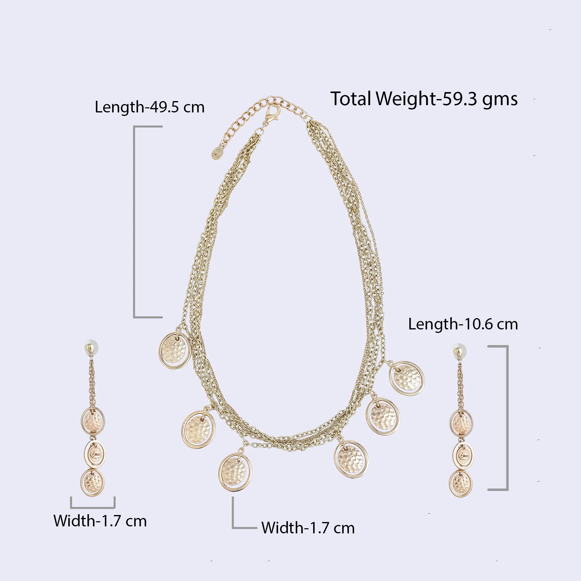 Estele Gold Tone Elegant Multi-Layered Twin Circle Design Beaten Gold Necklace Set for Women