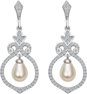 EVER FAITH 925 Sterling Silver Clear CZ Simulated Pearl Vintage Style Floral Chandelier Dangle Earrings for Women