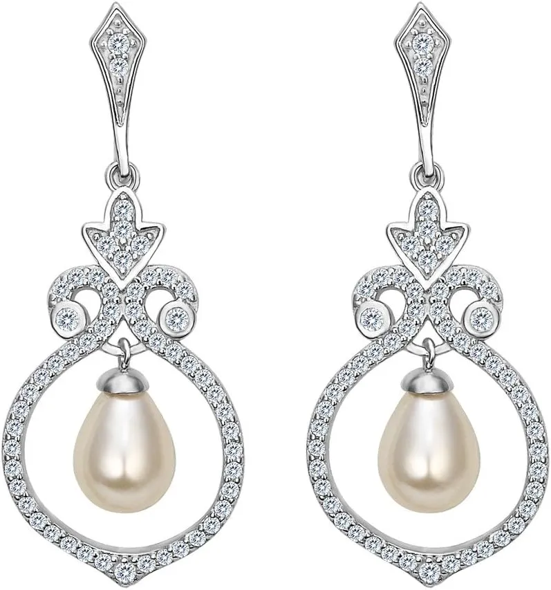 EVER FAITH 925 Sterling Silver Clear CZ Simulated Pearl Vintage Style Floral Chandelier Dangle Earrings for Women