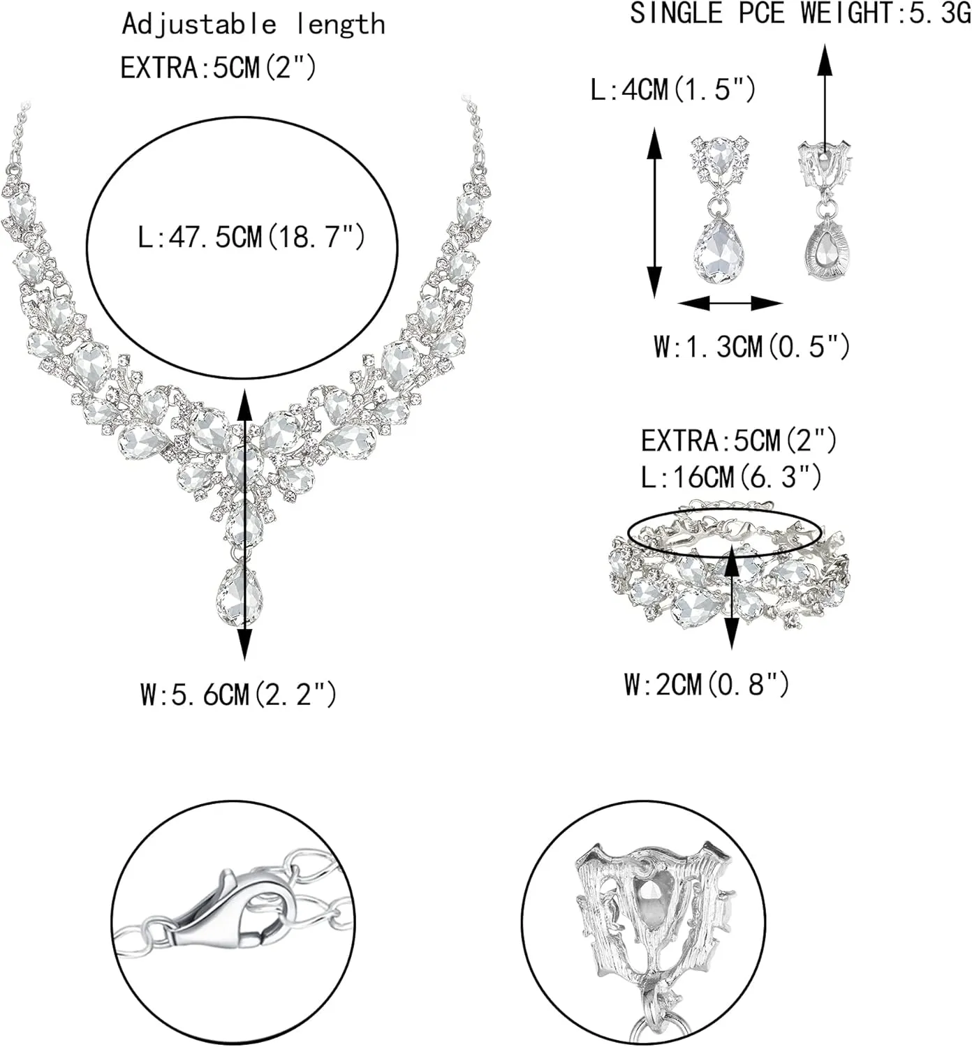 EVER FAITH Austrian Crystal Bridal Bridesmaid Jewelry Sets, Elegant Water Drop Flower Cluster Statement Chunky Necklace Earrings Bracelet Set for Women