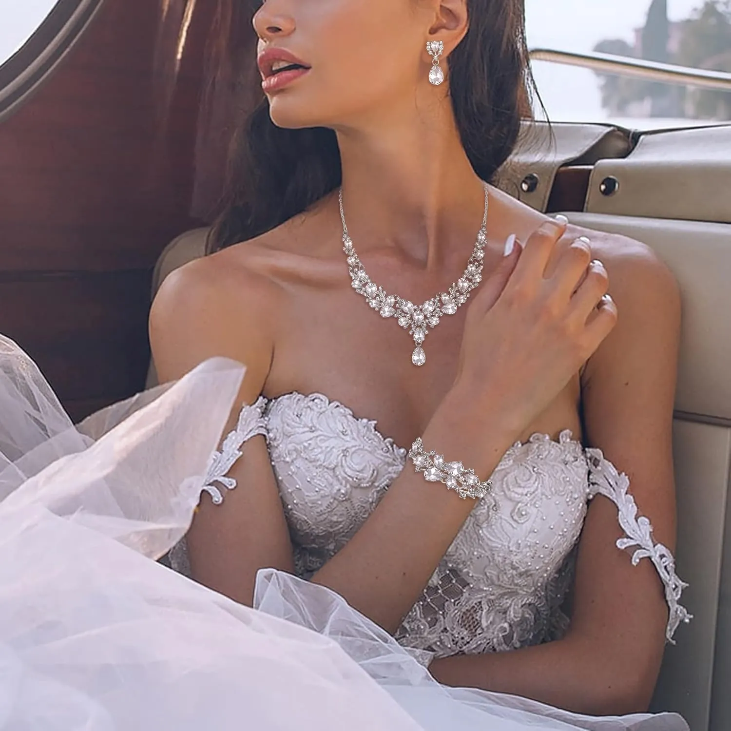 EVER FAITH Austrian Crystal Bridal Bridesmaid Jewelry Sets, Elegant Water Drop Flower Cluster Statement Chunky Necklace Earrings Bracelet Set for Women