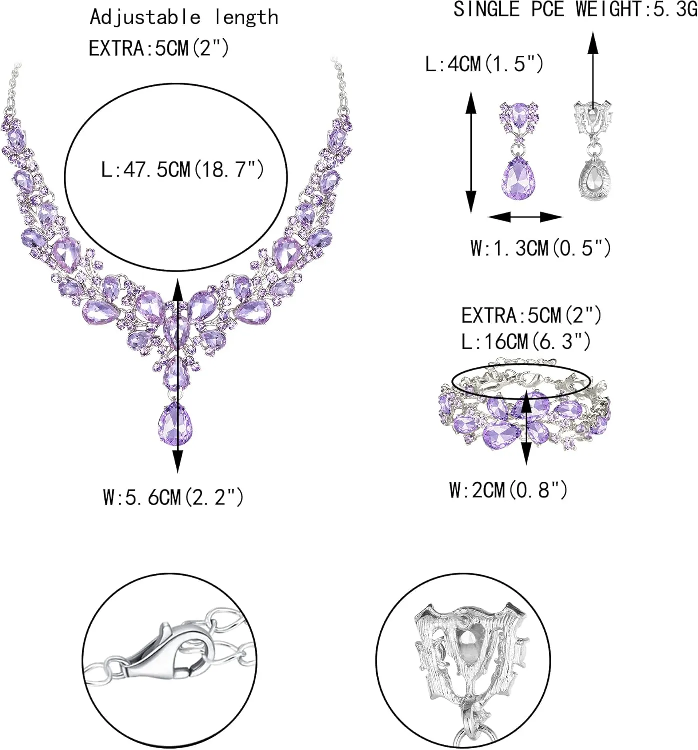 EVER FAITH Austrian Crystal Bridal Bridesmaid Jewelry Sets, Elegant Water Drop Flower Cluster Statement Chunky Necklace Earrings Bracelet Set for Women