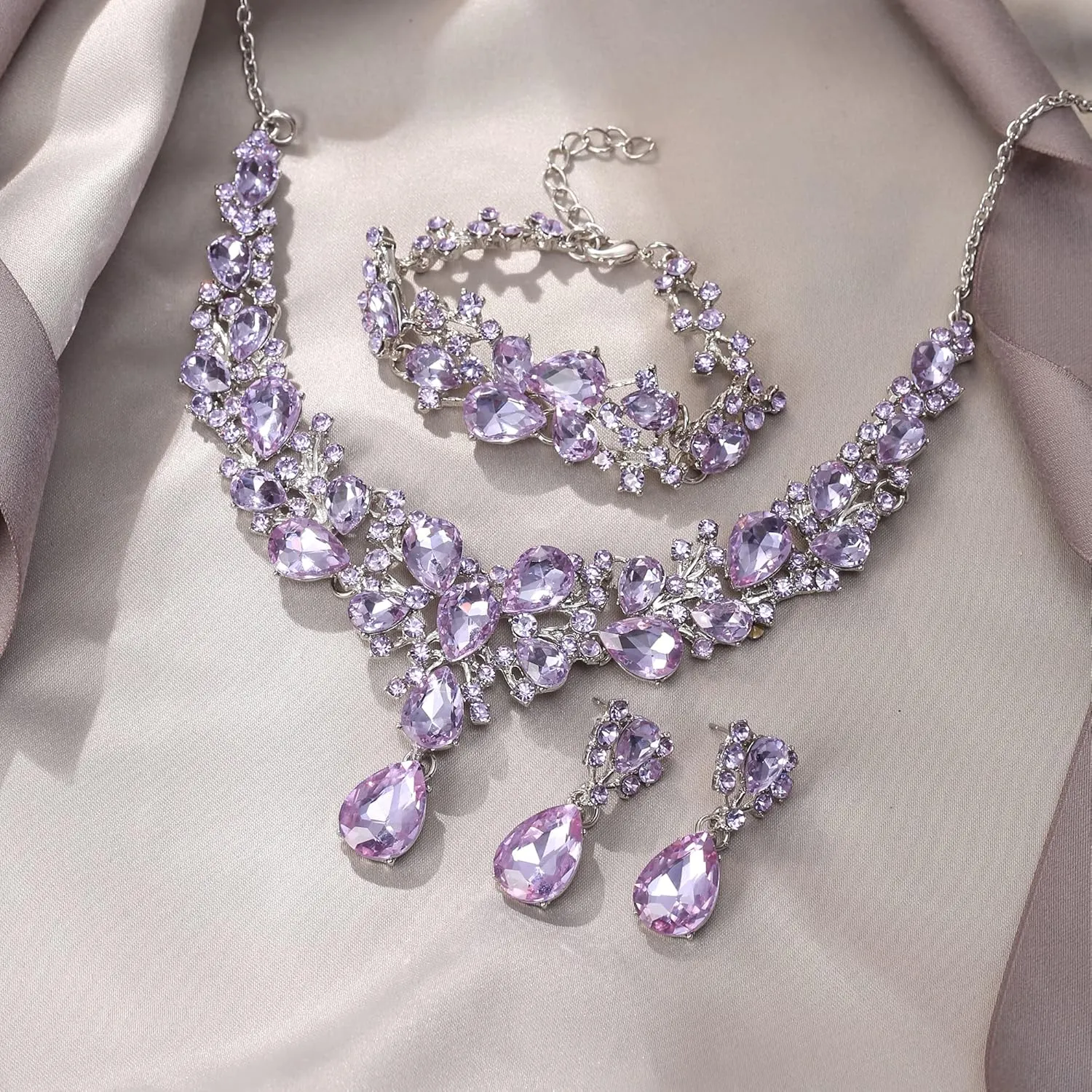 EVER FAITH Austrian Crystal Bridal Bridesmaid Jewelry Sets, Elegant Water Drop Flower Cluster Statement Chunky Necklace Earrings Bracelet Set for Women
