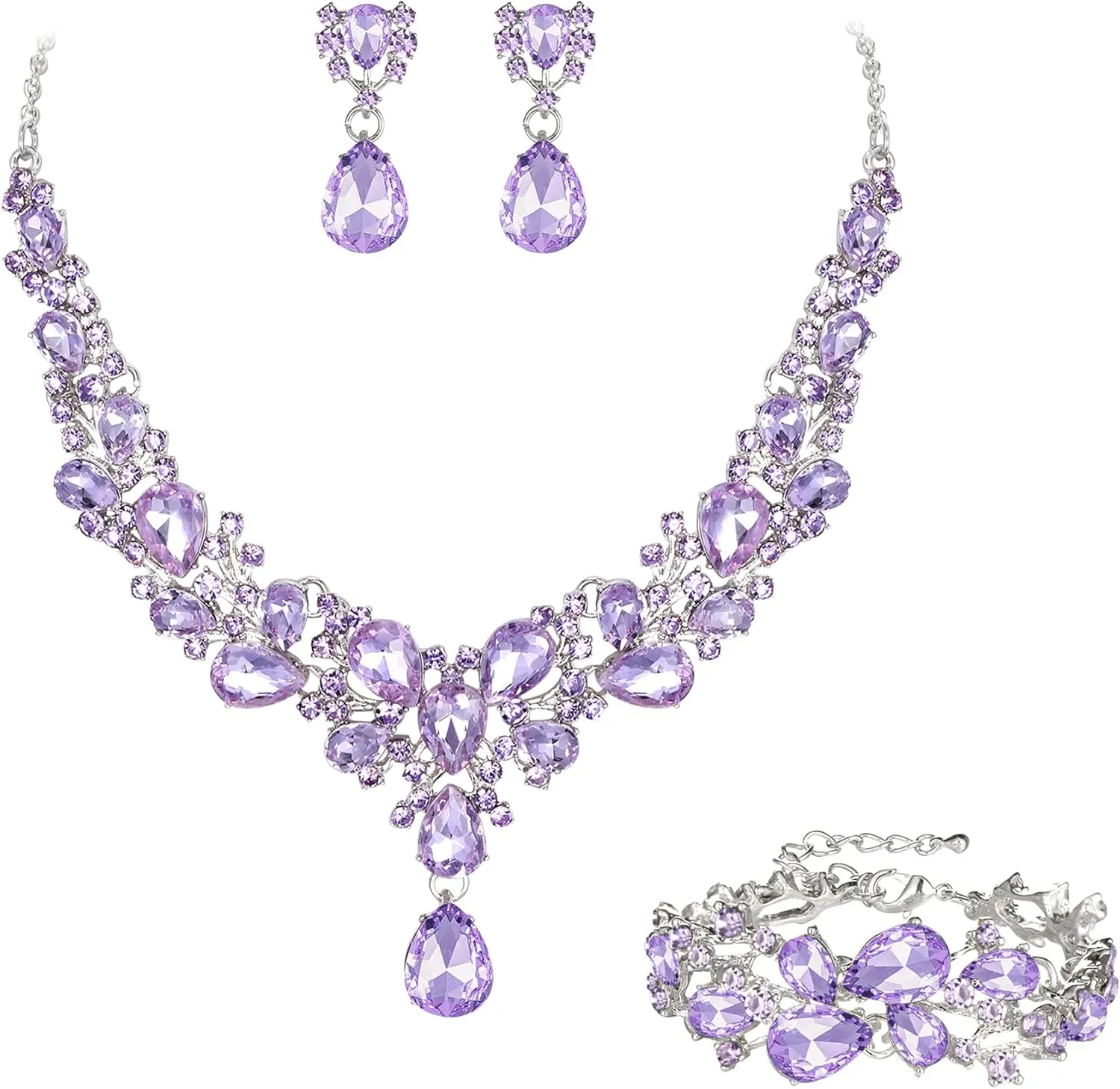 EVER FAITH Austrian Crystal Bridal Bridesmaid Jewelry Sets, Elegant Water Drop Flower Cluster Statement Chunky Necklace Earrings Bracelet Set for Women