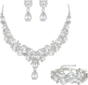 EVER FAITH Austrian Crystal Bridal Bridesmaid Jewelry Sets, Elegant Water Drop Flower Cluster Statement Chunky Necklace Earrings Bracelet Set for Women