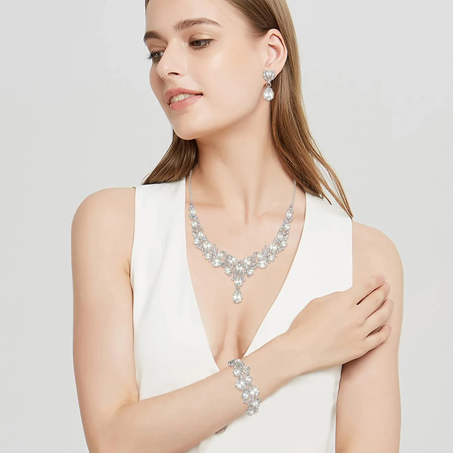 EVER FAITH Austrian Crystal Bridal Bridesmaid Jewelry Sets, Elegant Water Drop Flower Cluster Statement Chunky Necklace Earrings Bracelet Set for Women