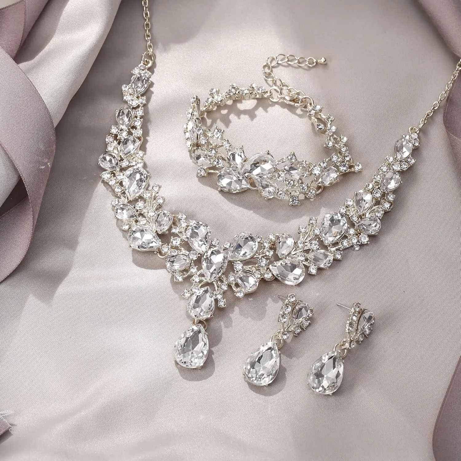 EVER FAITH Austrian Crystal Bridal Bridesmaid Jewelry Sets, Elegant Water Drop Flower Cluster Statement Chunky Necklace Earrings Bracelet Set for Women
