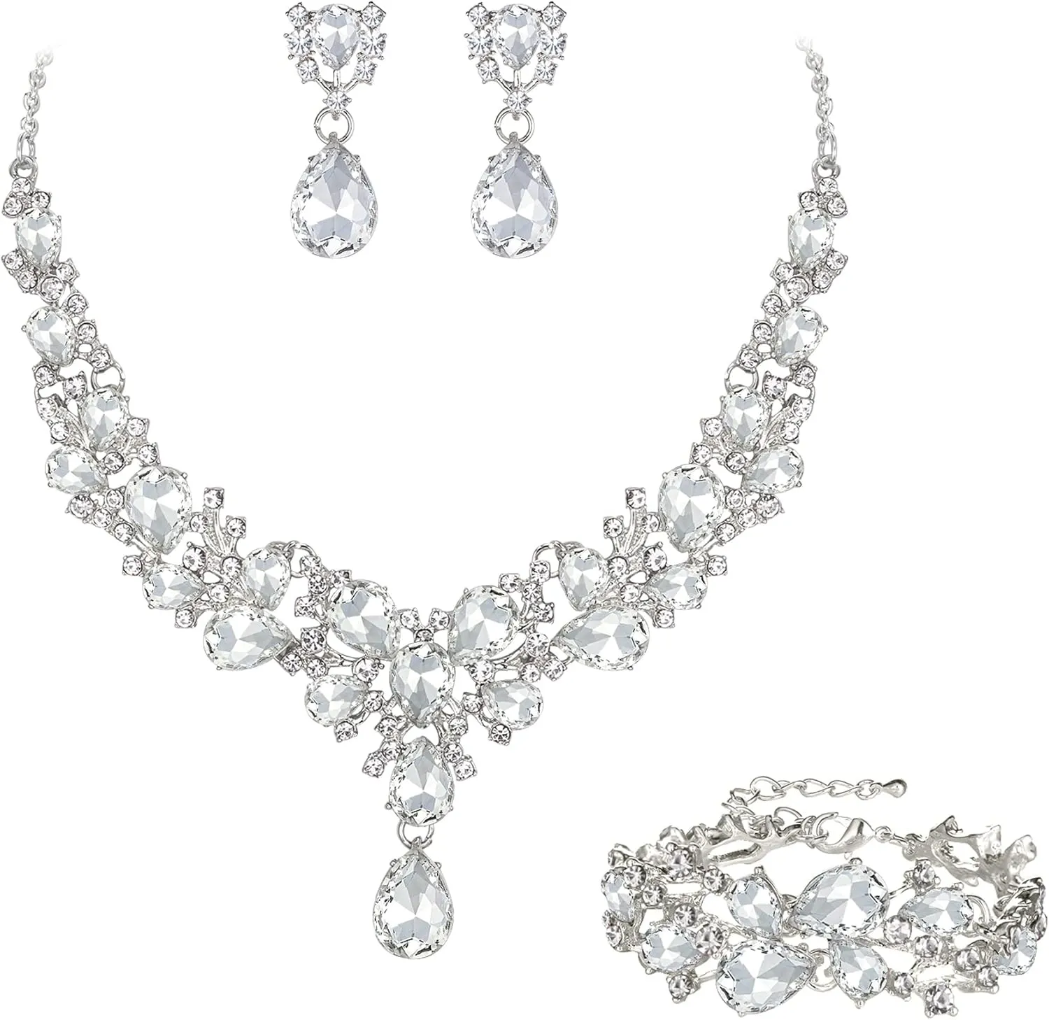 EVER FAITH Austrian Crystal Bridal Bridesmaid Jewelry Sets, Elegant Water Drop Flower Cluster Statement Chunky Necklace Earrings Bracelet Set for Women