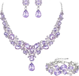 EVER FAITH Austrian Crystal Bridal Bridesmaid Jewelry Sets, Elegant Water Drop Flower Cluster Statement Chunky Necklace Earrings Bracelet Set for Women
