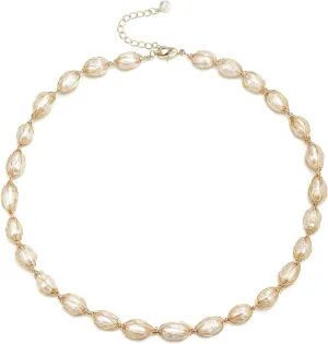 EVER FAITH Baroque Pearls Collar Necklace, Gold Plated Vintage Freshwater Pearl Wrapped Silk Handmade Choker Necklaces Dainty Wedding Bridal Jewelry for Women Bride
