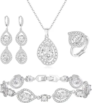 EVER FAITH Wedding Prom Jewelry Set for Women, Glamour Teardrop Cubic Zirconia Pendant Necklace Hoop Earrings Tennis Bracelet Open Ring Sets for Birthday/Valentine's Day/Mother's Day/Christmas