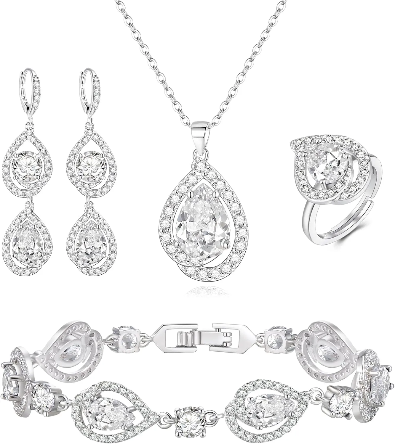 EVER FAITH Wedding Prom Jewelry Set for Women, Glamour Teardrop Cubic Zirconia Pendant Necklace Hoop Earrings Tennis Bracelet Open Ring Sets for Birthday/Valentine's Day/Mother's Day/Christmas
