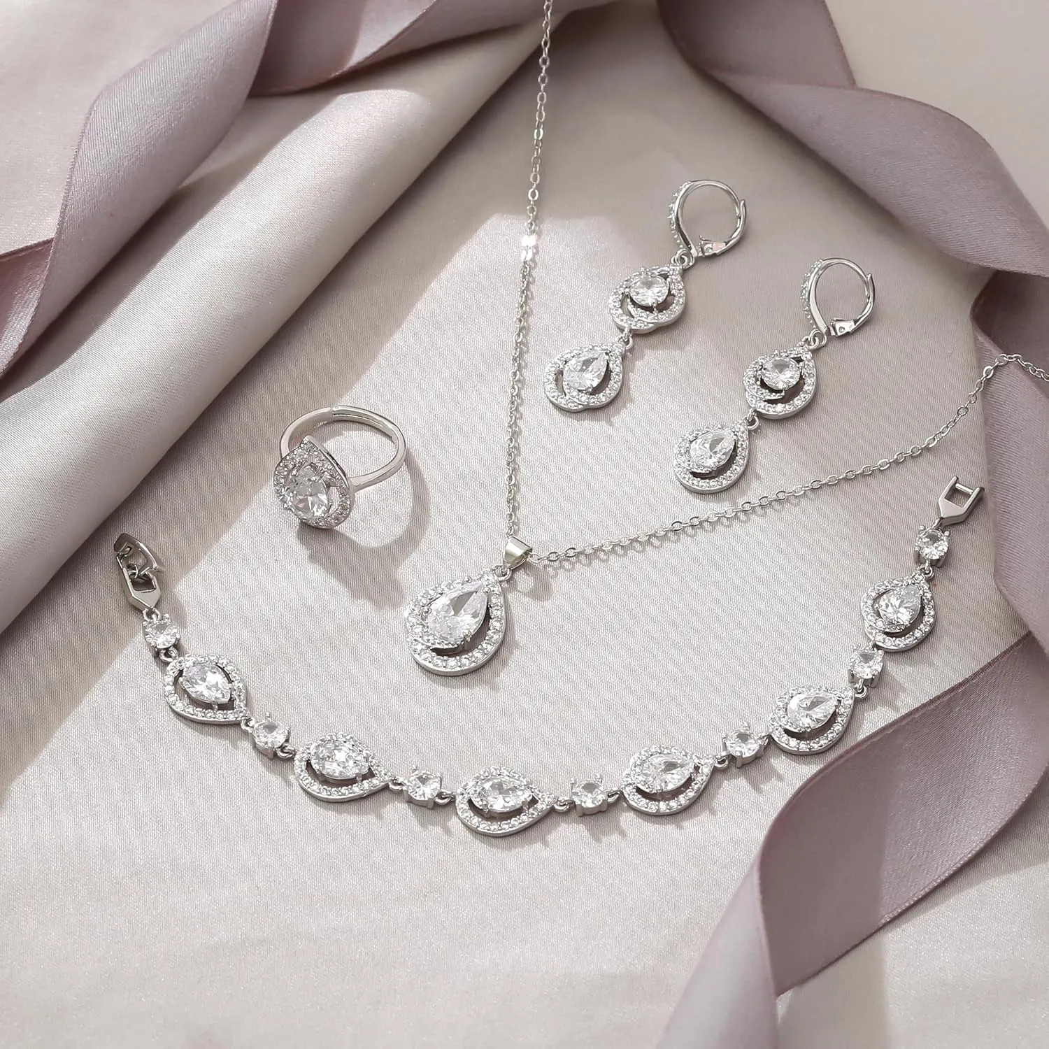 EVER FAITH Wedding Prom Jewelry Set for Women, Glamour Teardrop Cubic Zirconia Pendant Necklace Hoop Earrings Tennis Bracelet Open Ring Sets for Birthday/Valentine's Day/Mother's Day/Christmas