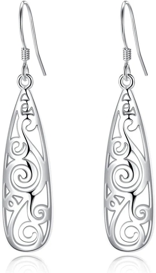 EVER FAITH Women's 925 Sterling Silver 1.8 Inch Simple Open Filigree Tear Drop Hook Dangle Earrings