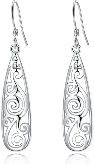 EVER FAITH Women's 925 Sterling Silver 1.8 Inch Simple Open Filigree Tear Drop Hook Dangle Earrings