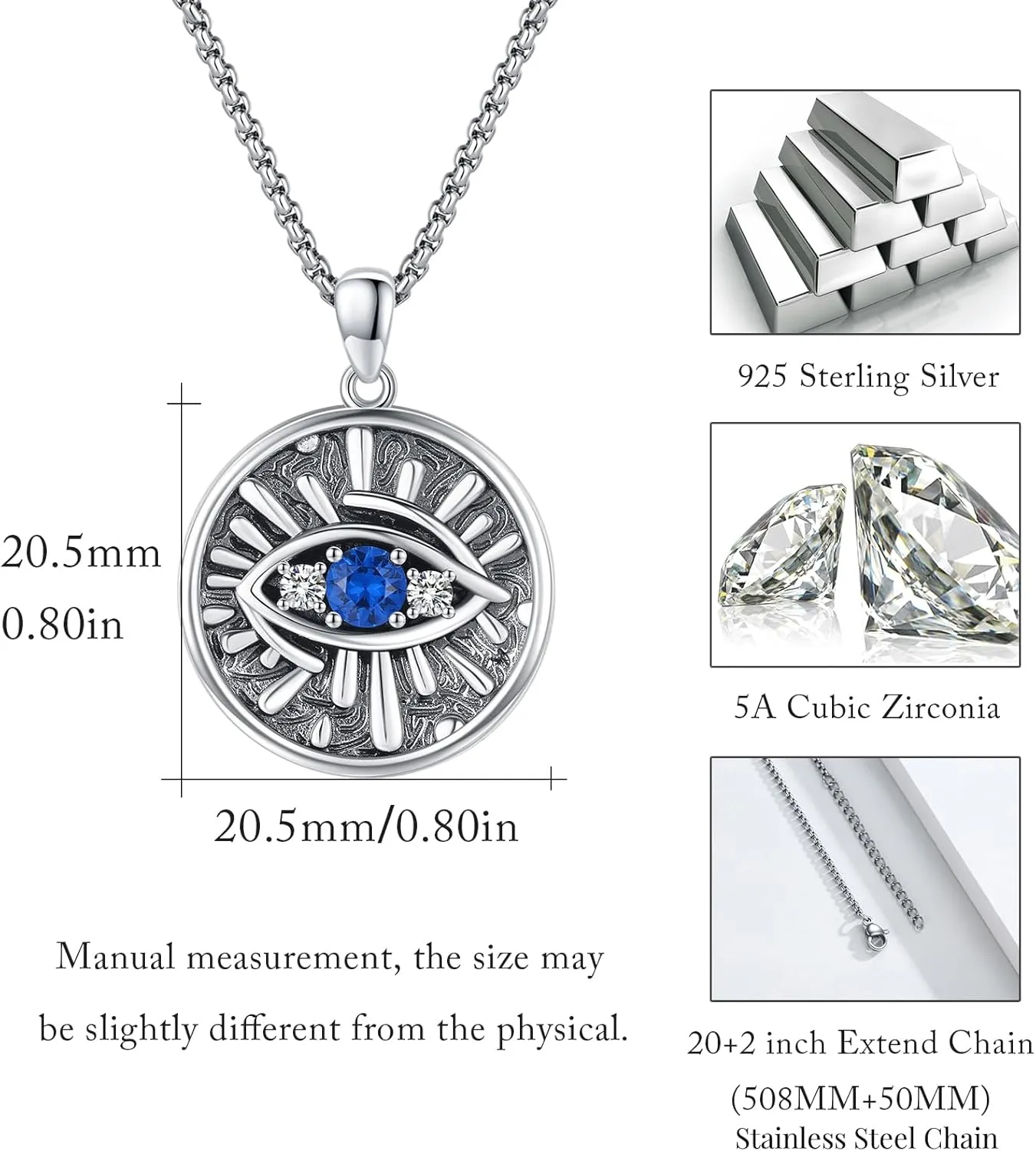 Evil Eye Necklace 925 Sterling Silver Blue Evil Eyes Pendant Protection Charm Necklaces with Stainless Steel Chain Jewelry Gifts for Men Women