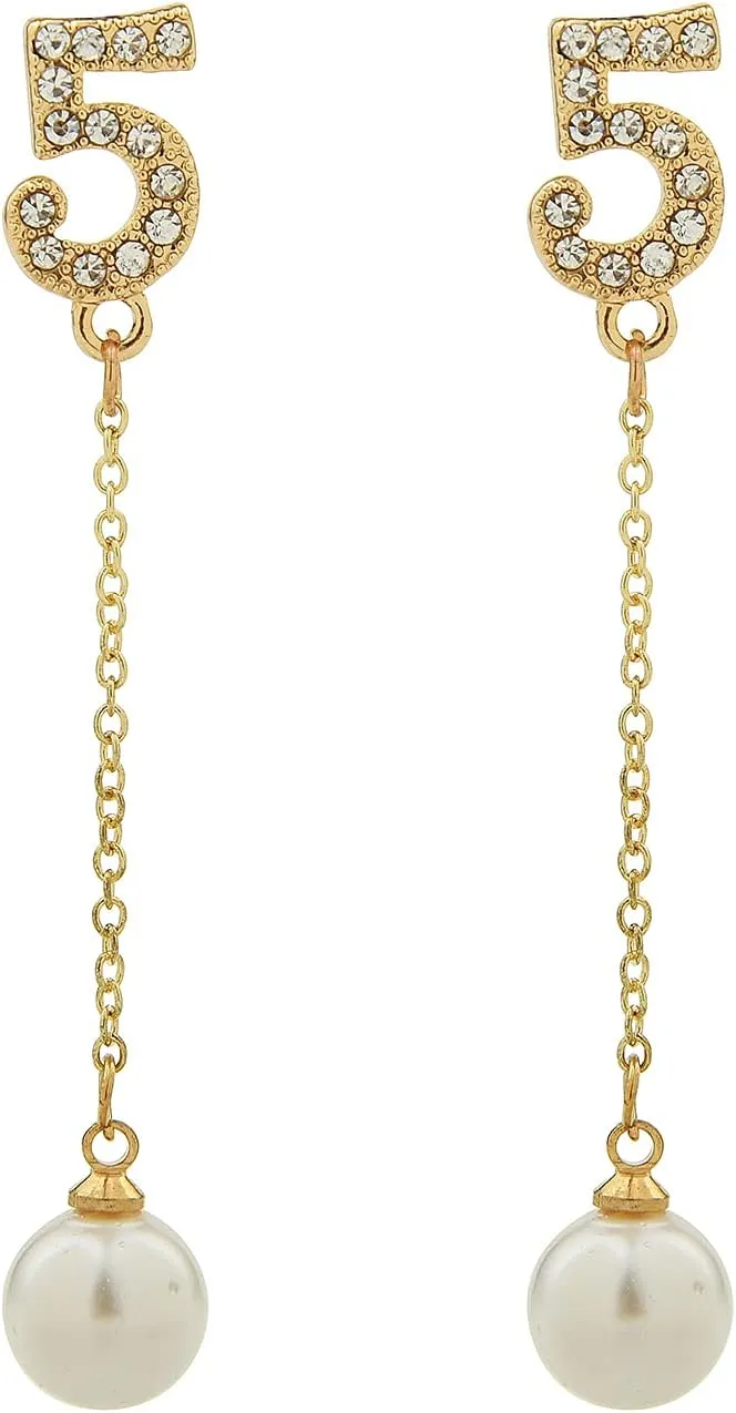 Fashion Design Faux Pearl Number Five Long Charm Dangle Drop Earrings Studs