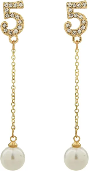 Fashion Design Faux Pearl Number Five Long Charm Dangle Drop Earrings Studs