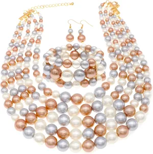 Faux Big Pearl Strand Necklaces for Women - 5 Layers Bib Collar Necklace, Bracelet and Earrings Set - 1920s Costume Jewelry for Bridal Wedding Gift